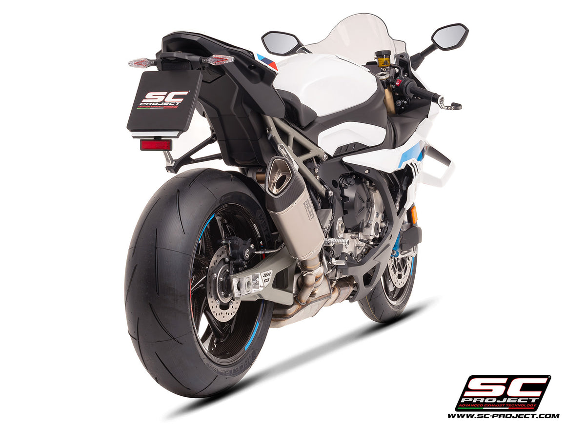 BMW S 1000 RR with SC-Project SC1-R titanium exhaust, 3/4 rear view