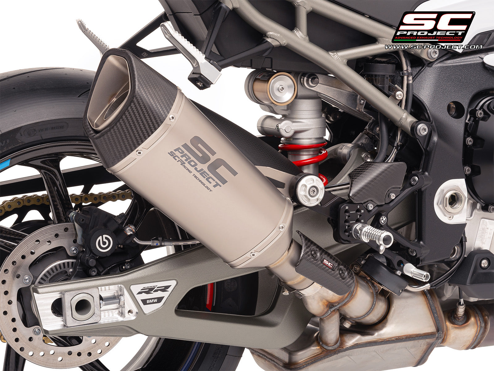 BMW S 1000 RR with SC-Project SC1-R titanium exhaust, 3/4 rear view
