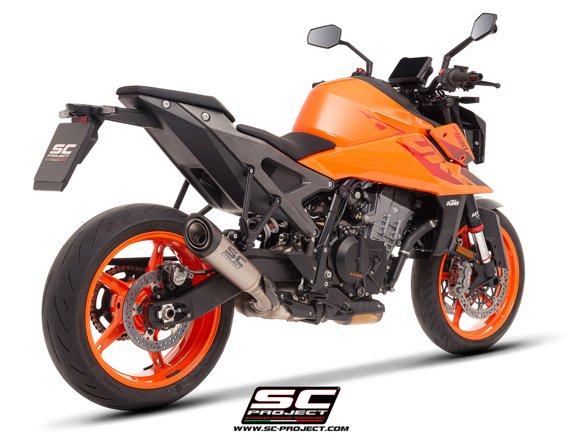KTM 990 Duke with SC-Project S1 titanium exhaust, 3/4 rear view