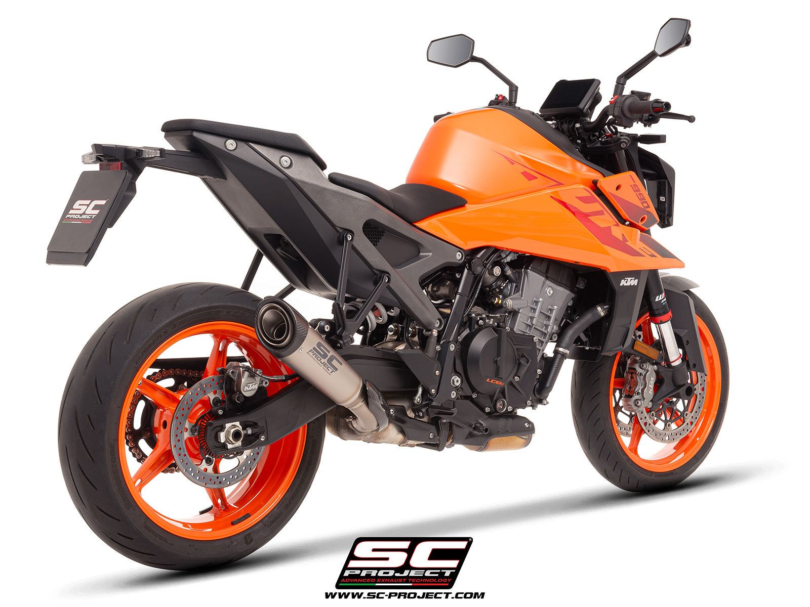 KTM 990 Duke with SC-Project S1 titanium exhaust, 3/4 rear view