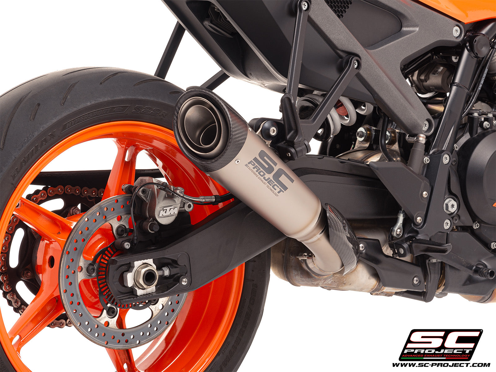 KTM 990 Duke with SC-Project S1 titanium exhaust, 3/4 rear view