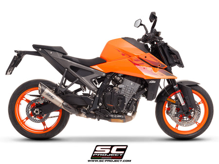 KTM 990 Duke with SC-Project S1 titanium exhaust, 3/4 rear view