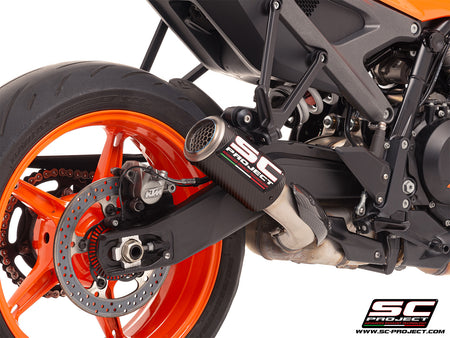 KTM 990 Duke with SC-Project CR-T carbon exhaust, with stoneguard grid, 3/4 rear view