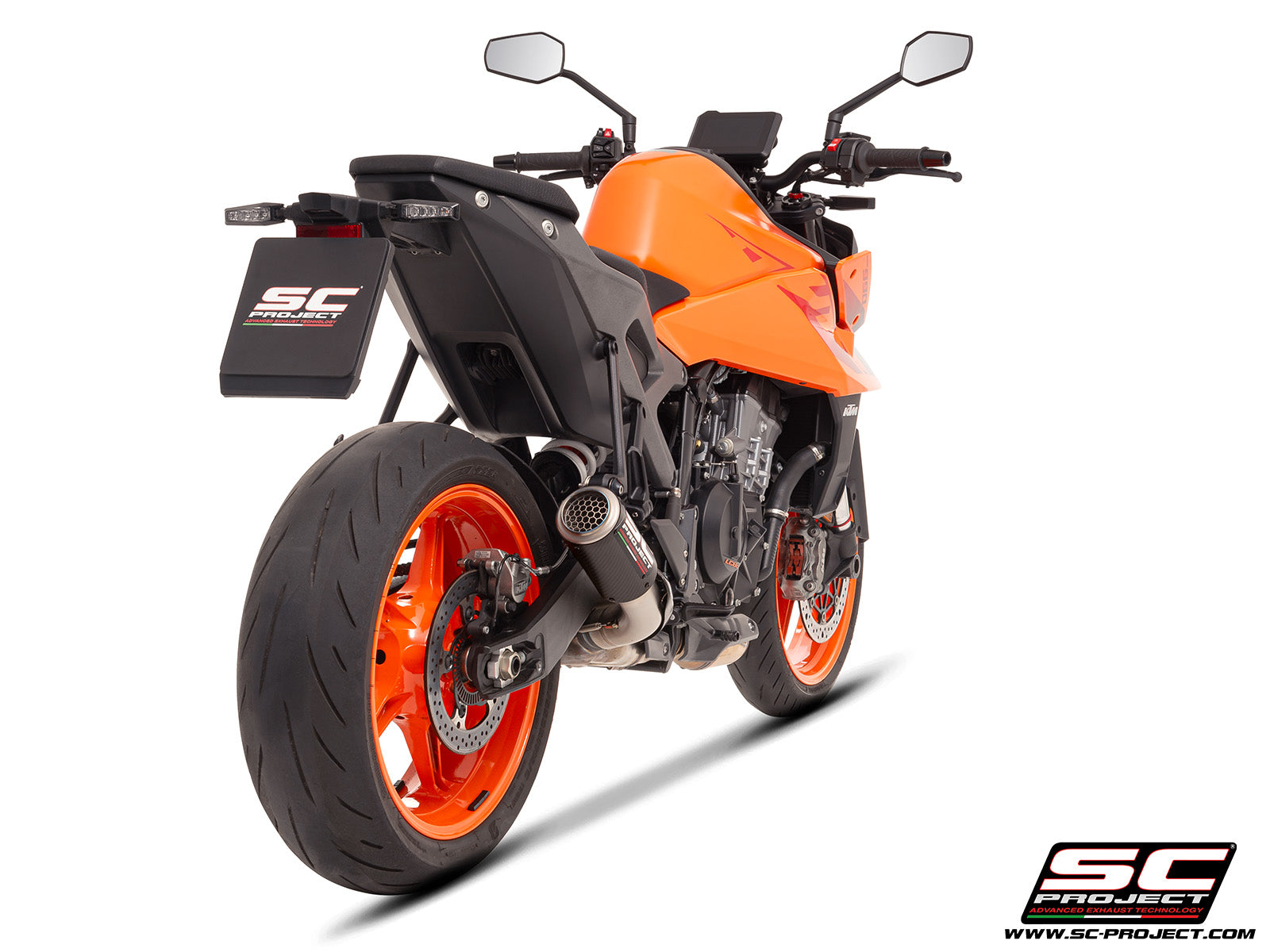 KTM 990 Duke with SC-Project CR-T carbon exhaust, with stoneguard grid, 3/4 rear view