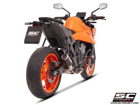 KTM 990 Duke with SC-Project CR-T carbon exhaust, with stoneguard grid, 3/4 rear view