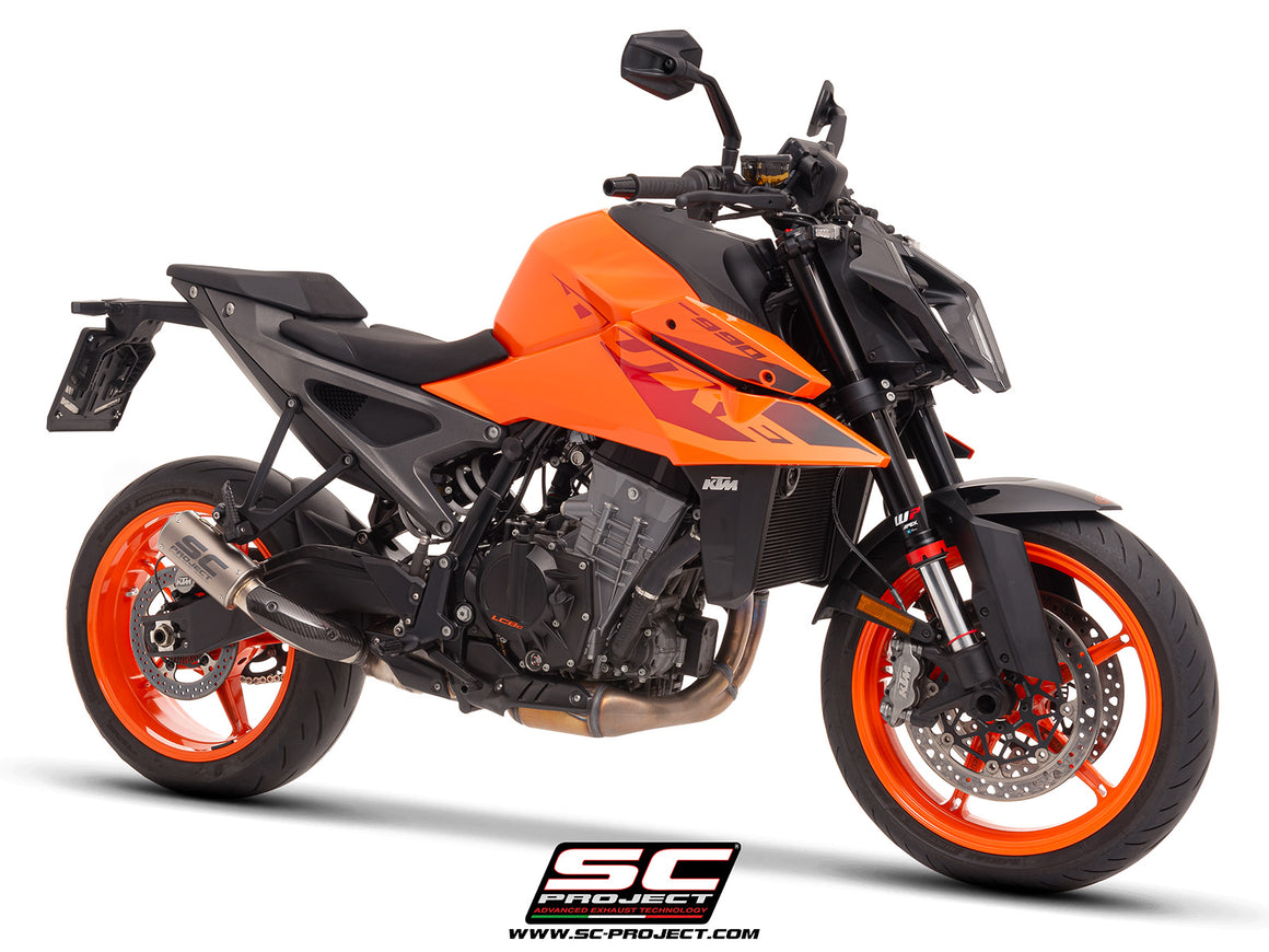 KTM 990 Duke with SC-Project CR-T titanium exhaust, with stoneguard grid, 3/4 rear view