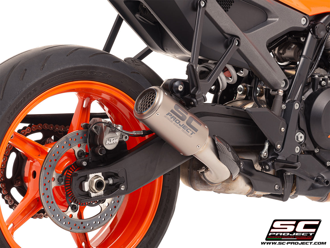 KTM 990 Duke with SC-Project CR-T titanium exhaust, with stoneguard grid, 3/4 rear view