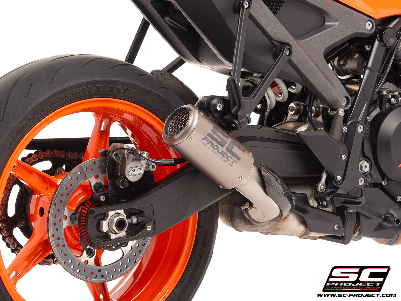 KTM 990 Duke with SC-Project CR-T titanium exhaust, with stoneguard grid, 3/4 rear view