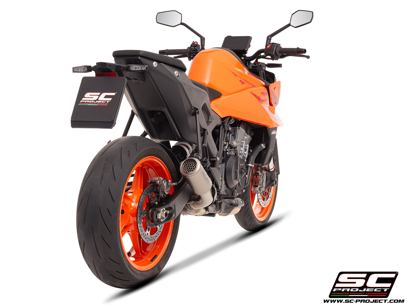 KTM 990 Duke with SC-Project CR-T titanium exhaust, with stoneguard grid, 3/4 rear view