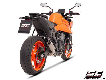 KTM 990 Duke with SC-Project CR-T titanium exhaust, with stoneguard grid, 3/4 rear view