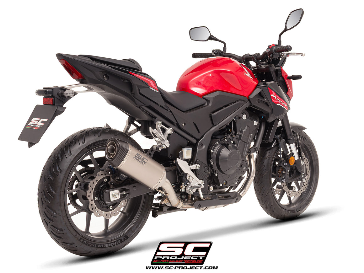 Honda CB500 Hornet with SC-Project SC1-S titanium exhaust, 3/4 rear view