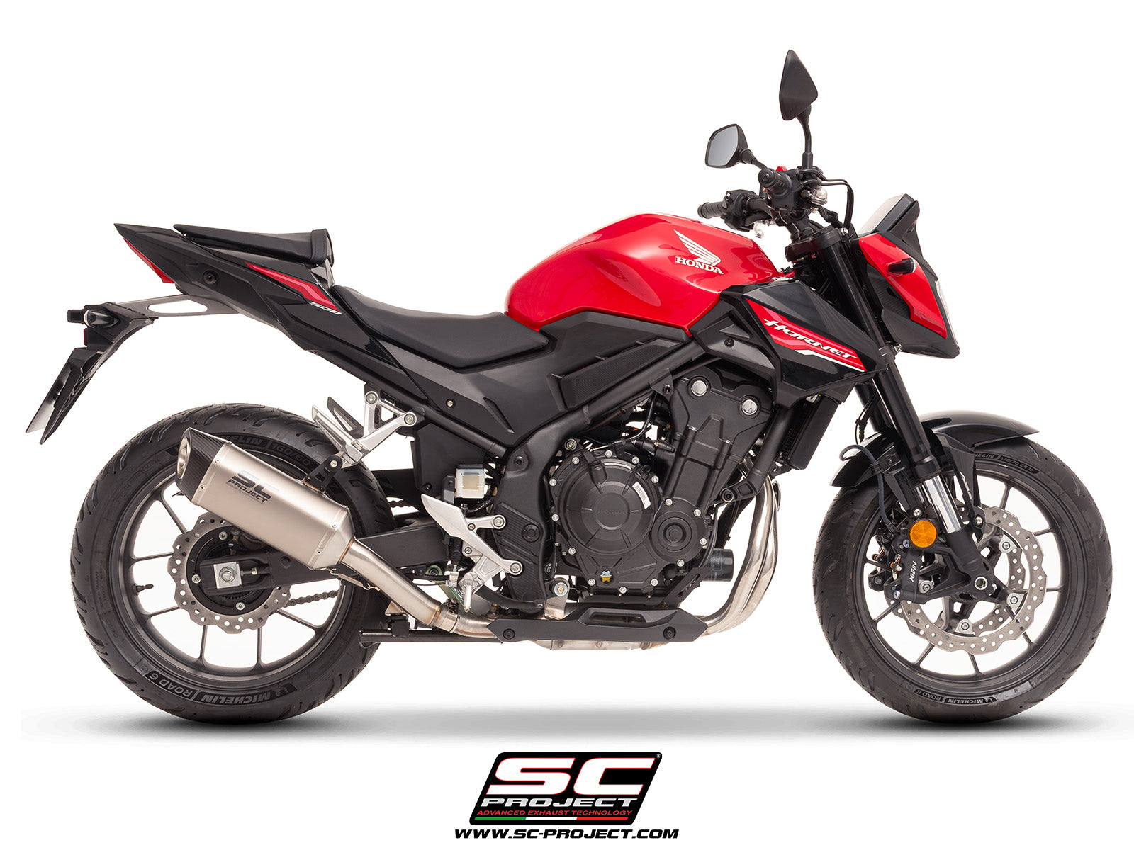 Honda CB500 Hornet with SC-Project SC1-S titanium exhaust, 3/4 rear view