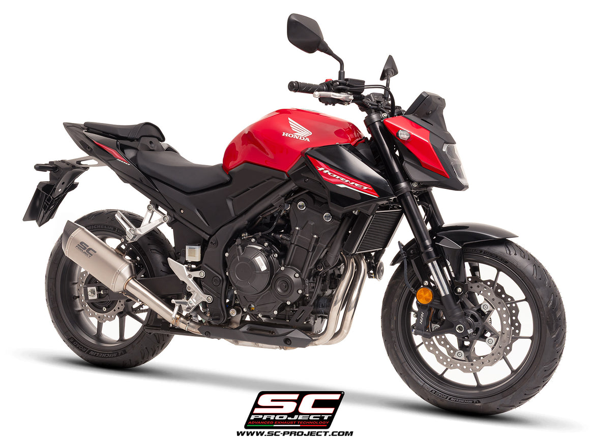Honda CB500 Hornet with SC-Project SC1-S titanium exhaust, 3/4 rear view