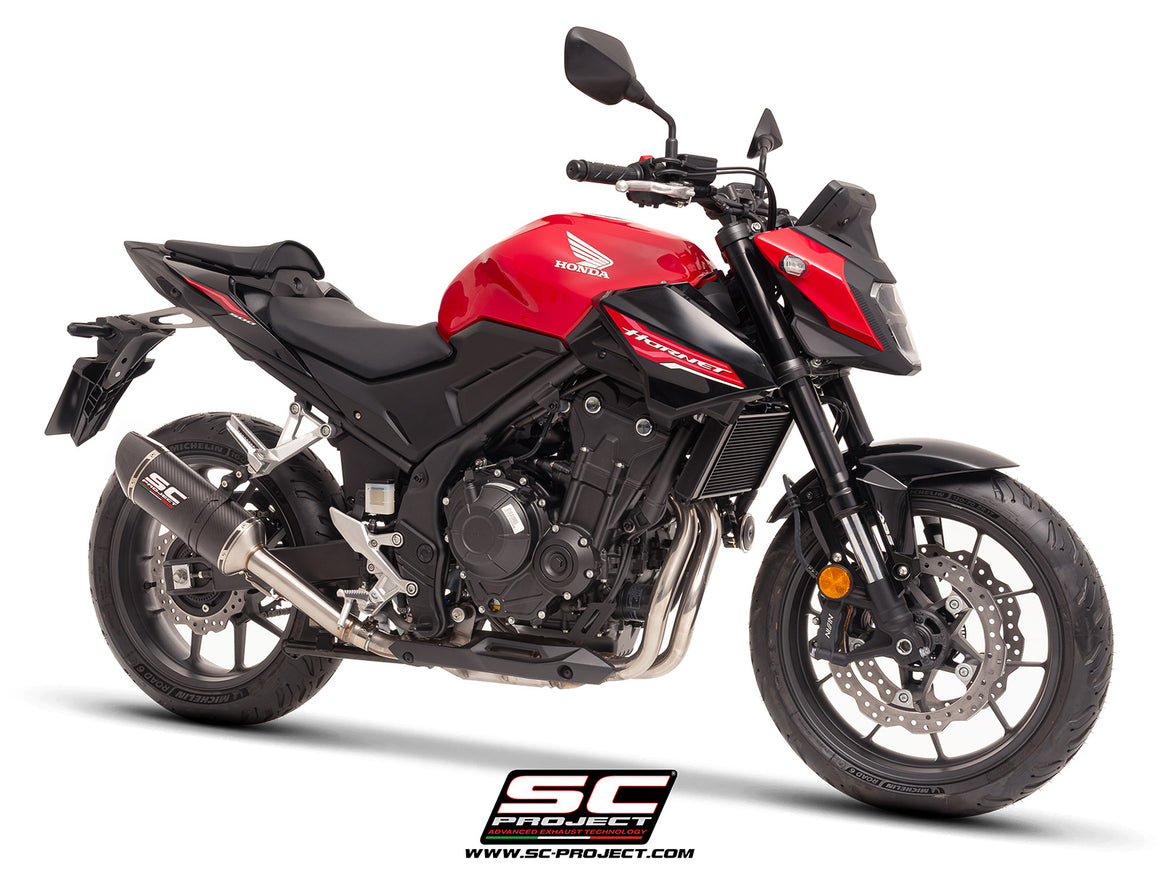 Honda CB500 Hornet with SC-Project Oval carbon exhaust, 3/4 rear view