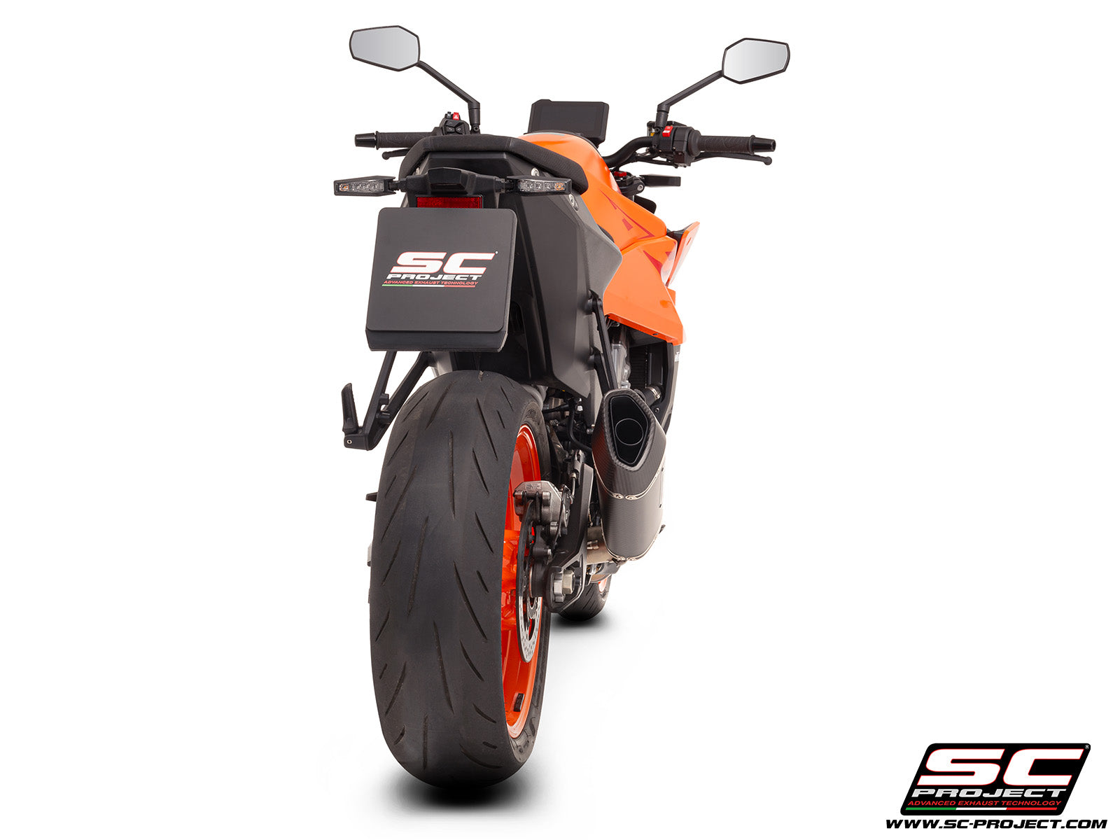 KTM 990 Duke with SC-Project SC1-R carbon exhaust, 3/4 rear view