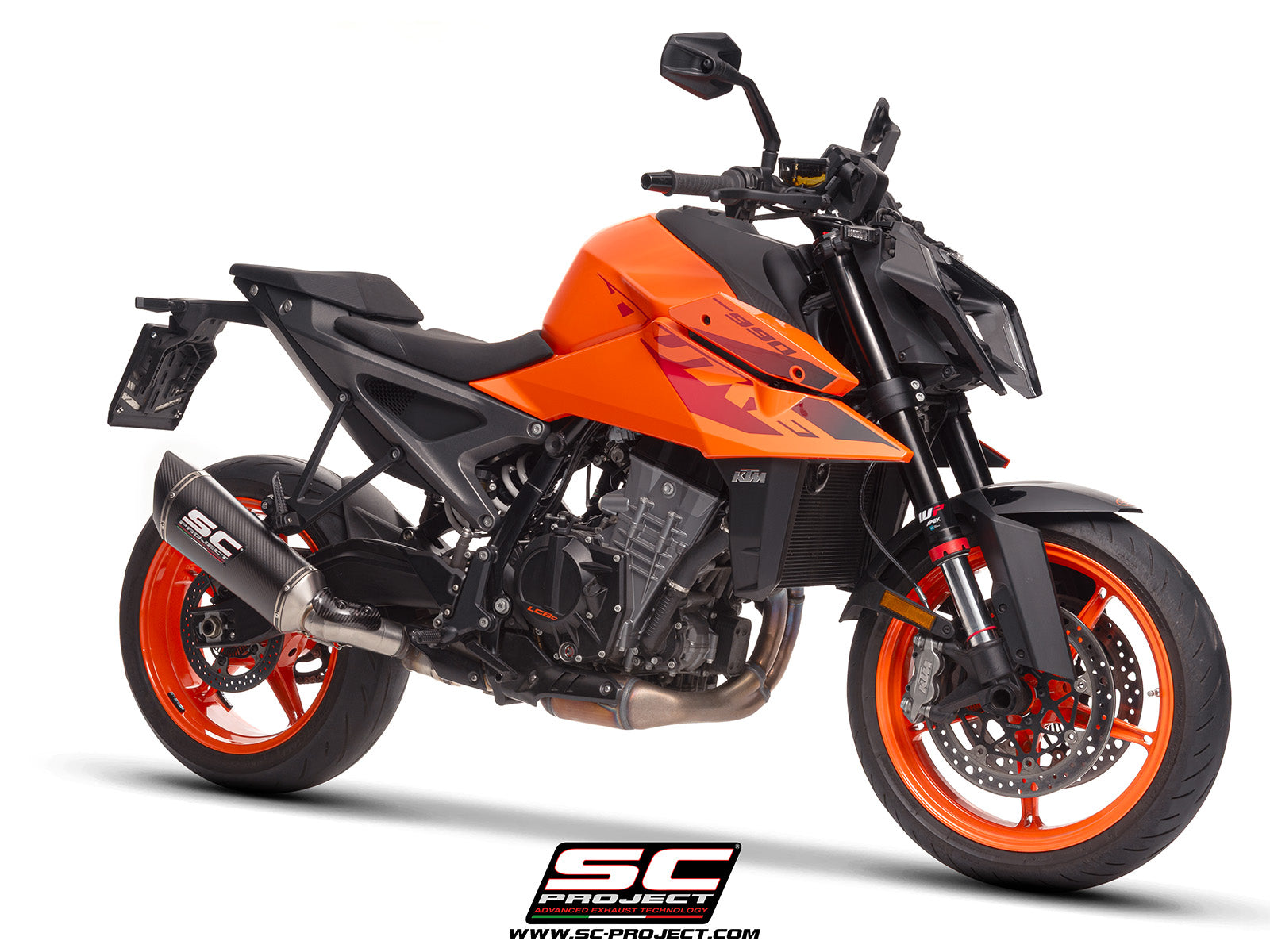 KTM 990 Duke with SC-Project SC1-R carbon exhaust, 3/4 rear view