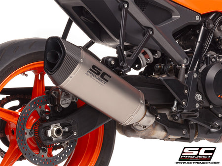 KTM 990 Duke with SC-Project SC1-R titanium exhaust, 3/4 rear view