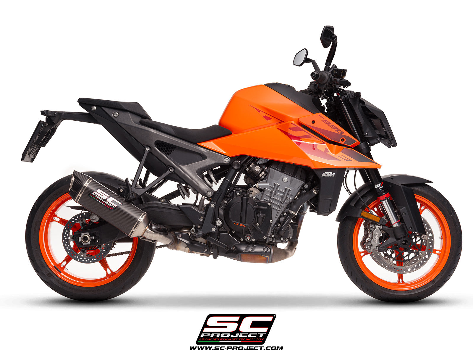 KTM 990 Duke with SC-Project SC1-X carbon exhaust, 3/4 rear view