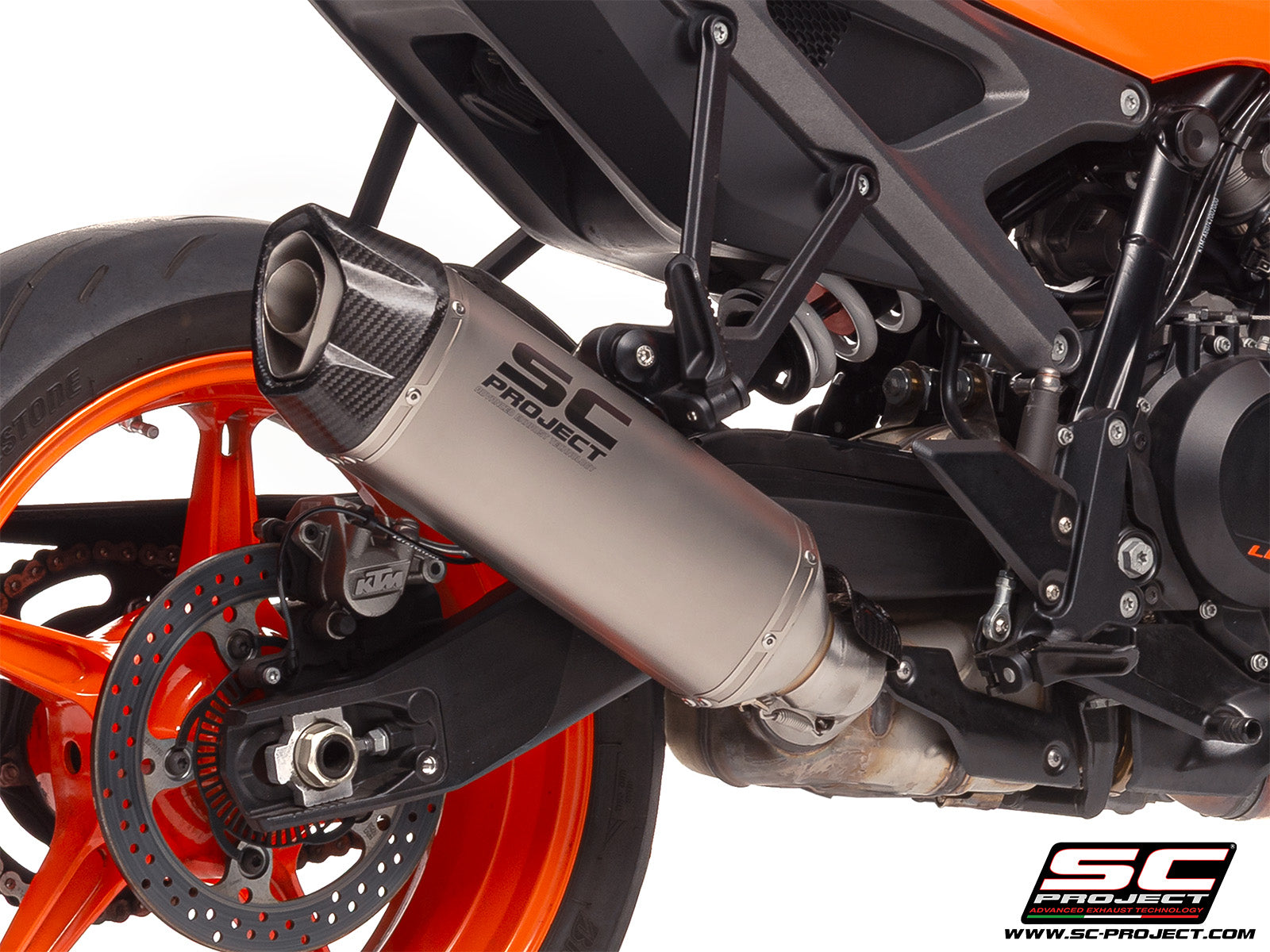 KTM 990 Duke with SC-Project SC1-X titanium exhaust, 3/4 rear view