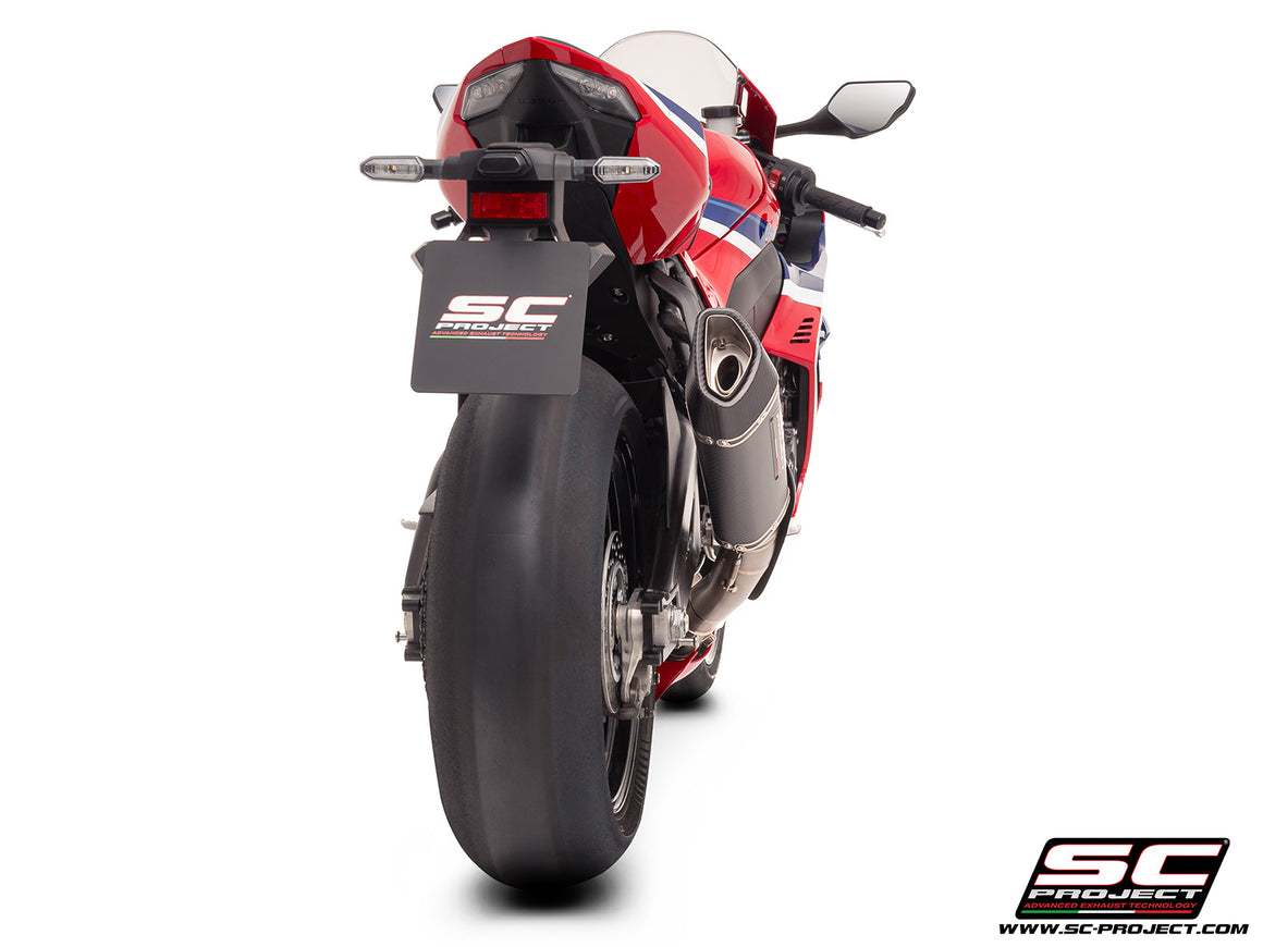Honda CBR1000RR-R with SC-Project SC1-R (250mm) carbon exhaust, 3/4 rear view