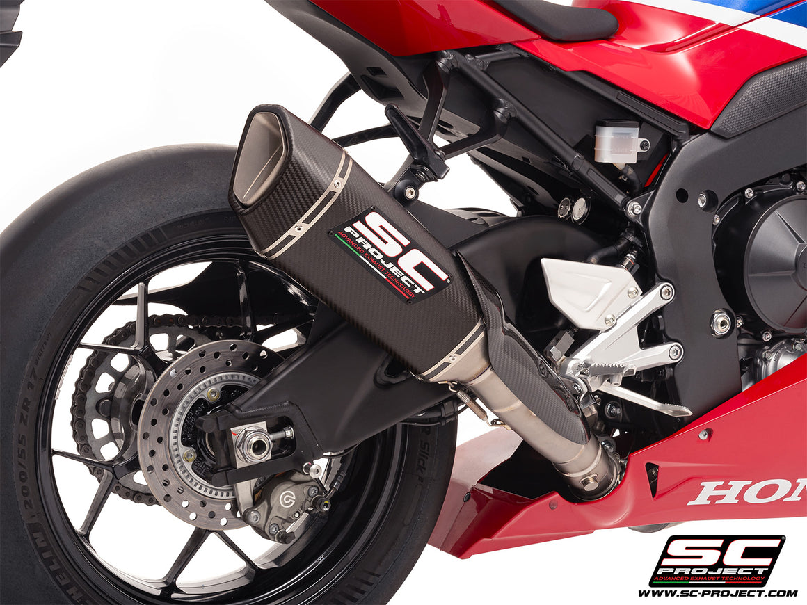 Honda CBR1000RR-R with SC-Project SC1-R (250mm) carbon exhaust, 3/4 rear view