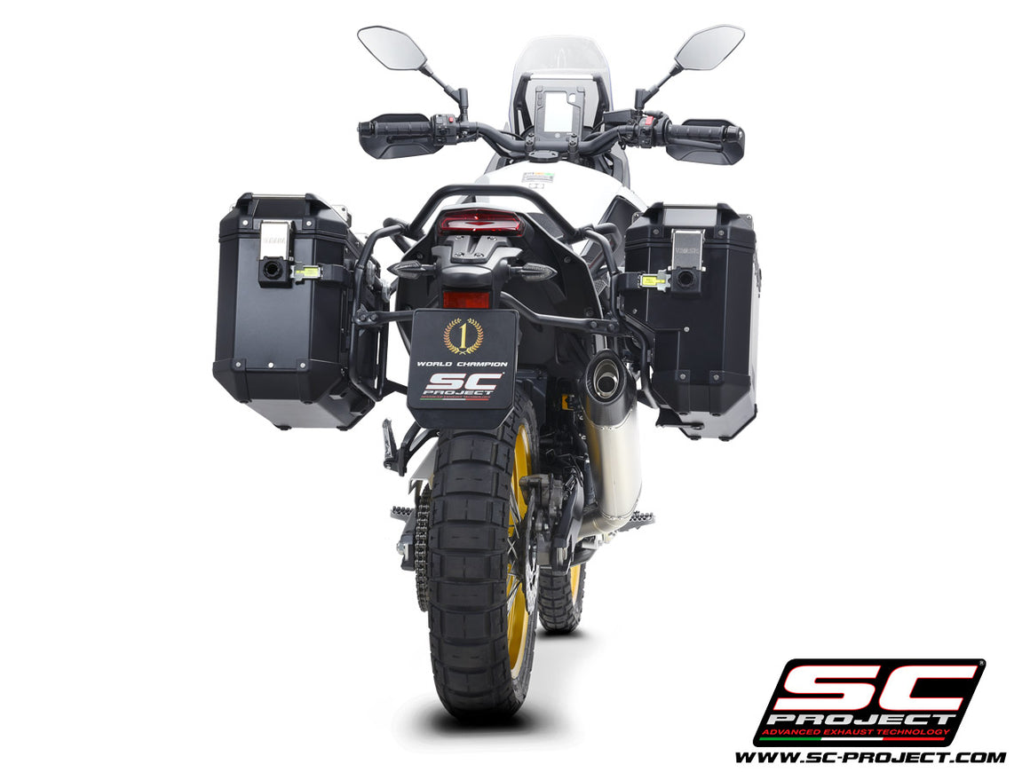 Yamaha Ténéré 700 with SC-Project X-Plorer II titanium exhaust, 3/4 rear view