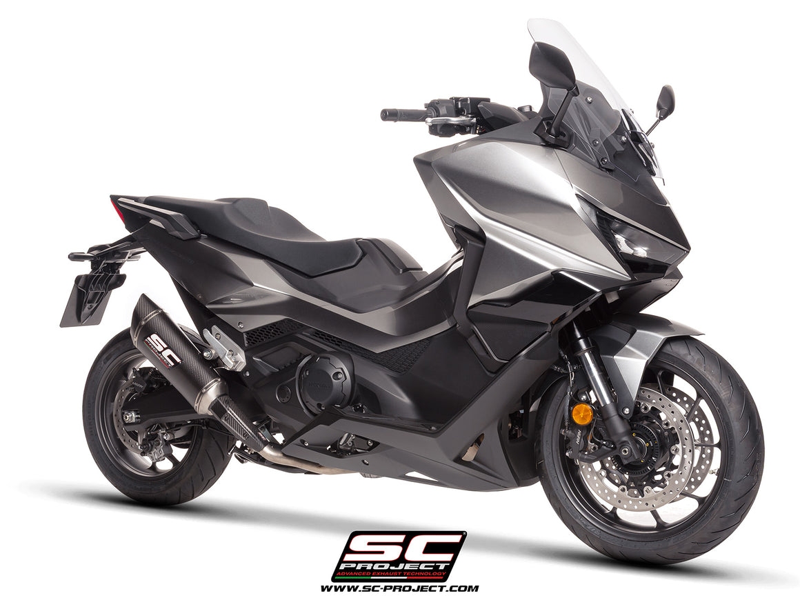 Honda Forza 750 with SC-Project SC1-R carbon exhaust, 3/4 rear view