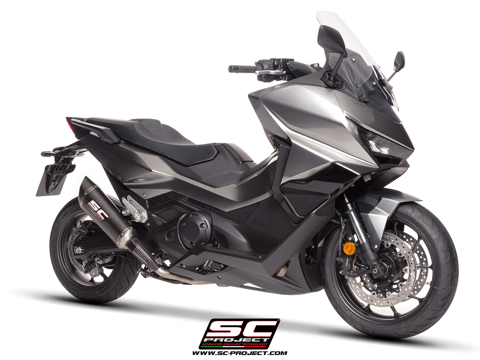 Honda Forza 750 with SC-Project SC1-R carbon exhaust, 3/4 rear view