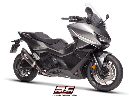 Honda Forza 750 with SC-Project SC1-R carbon exhaust, 3/4 rear view