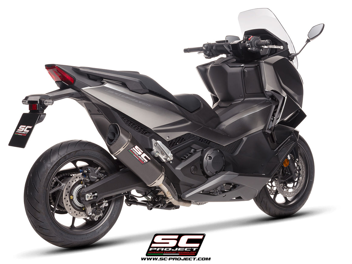 Honda Forza 750 with SC-Project SC1-R carbon exhaust, 3/4 rear view