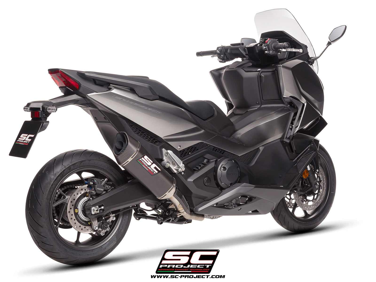 Honda Forza 750 with SC-Project SC1-R carbon exhaust, 3/4 rear view