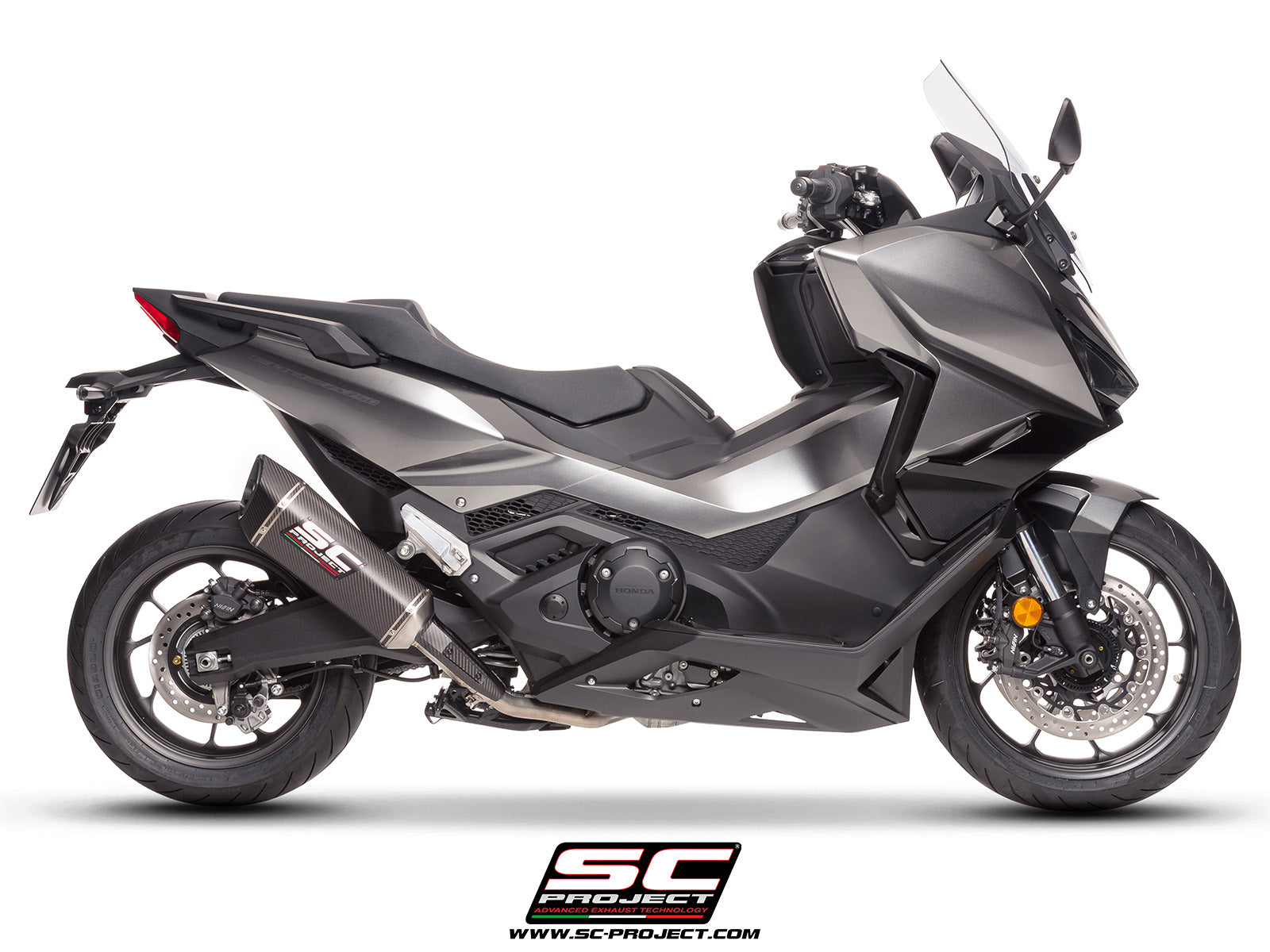 Honda Forza 750 with SC-Project SC1-R carbon exhaust, 3/4 rear view