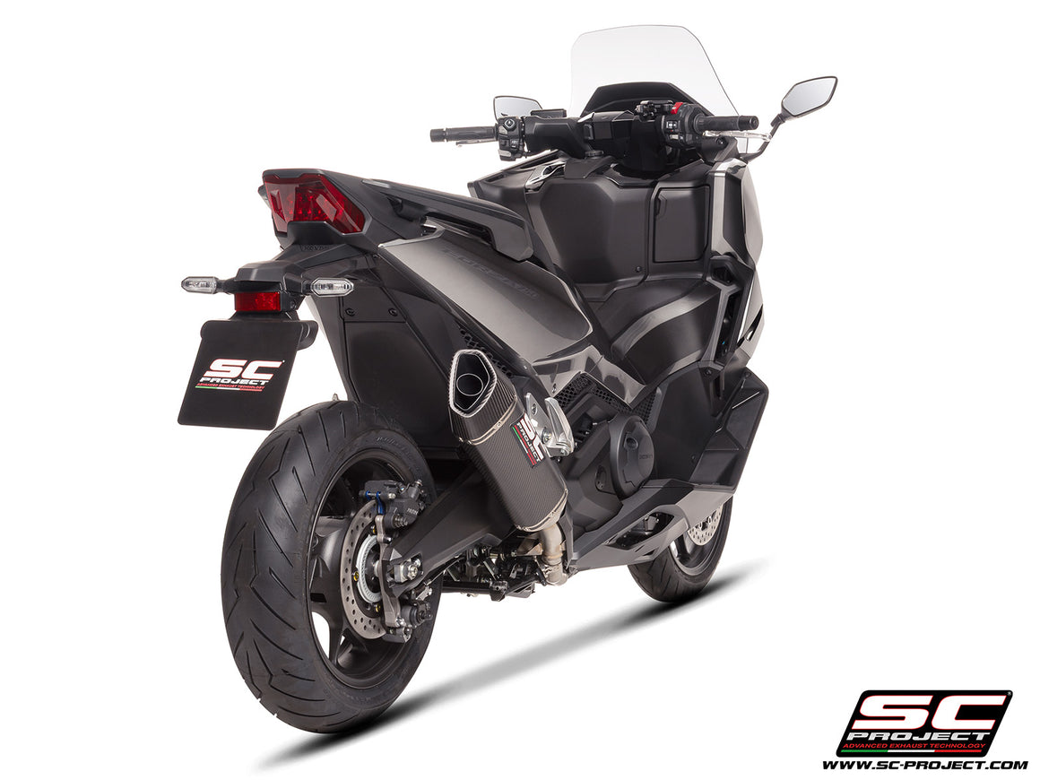 Honda Forza 750 with SC-Project SC1-R carbon exhaust, 3/4 rear view