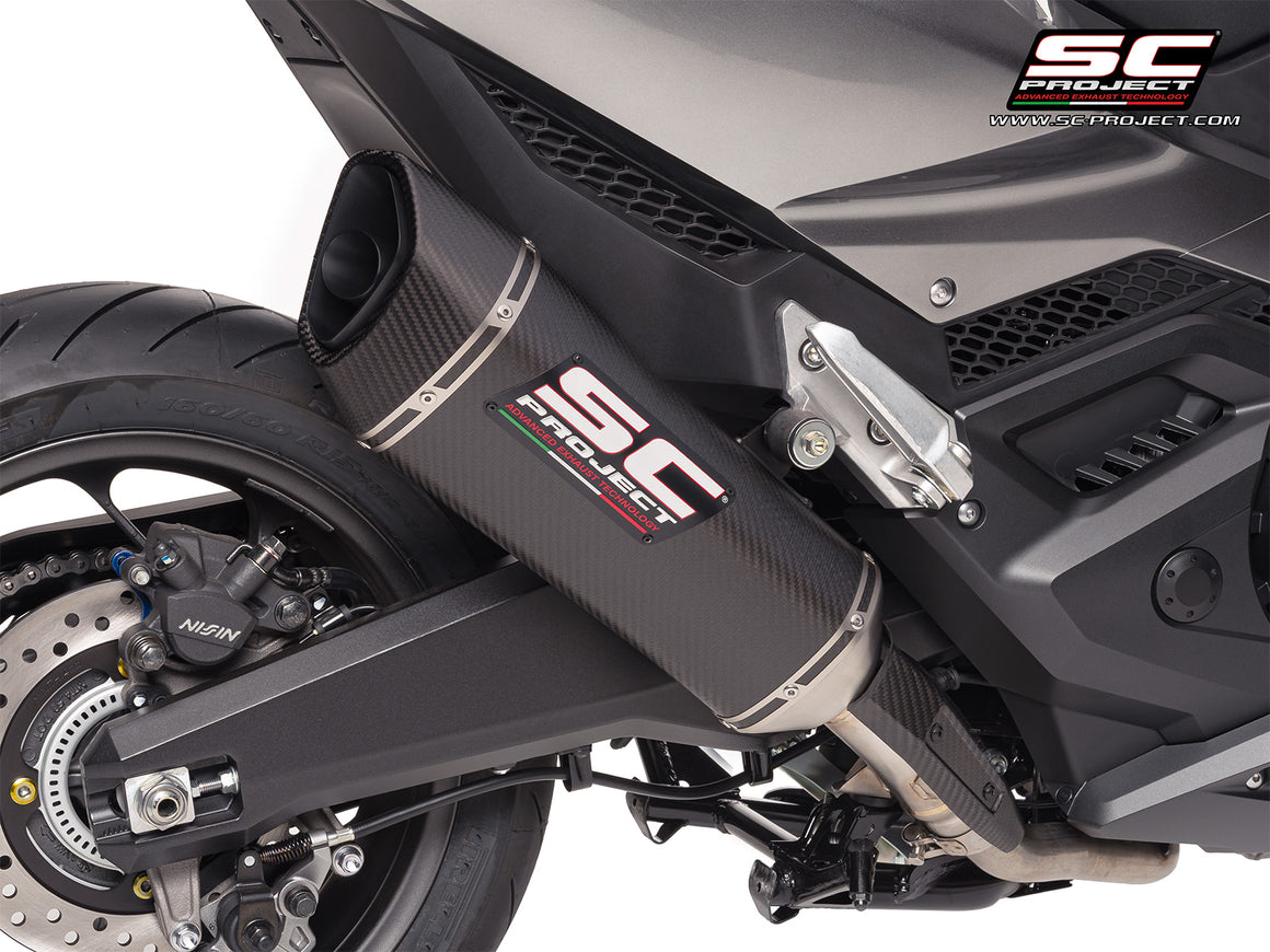 Honda Forza 750 with SC-Project SC1-R carbon exhaust, 3/4 rear view