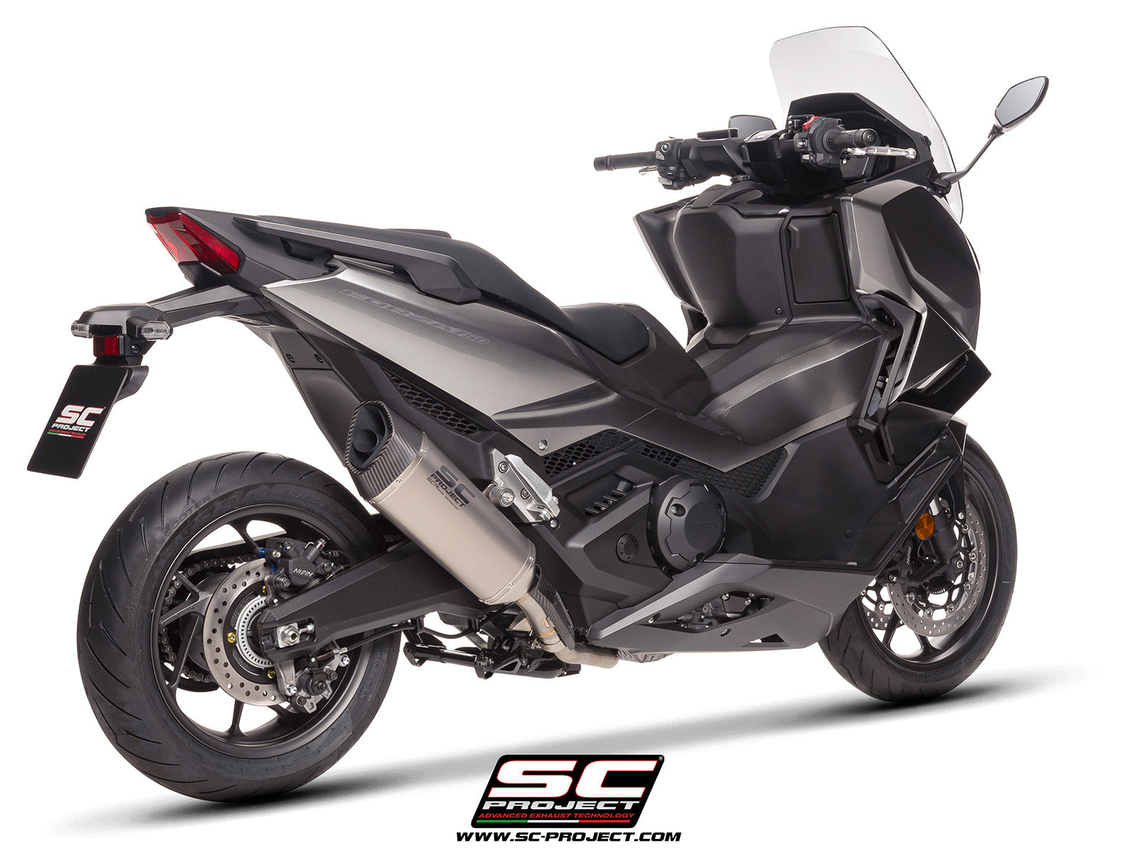 Honda Forza 750 with SC-Project SC1-R titanium exhaust, 3/4 rear view