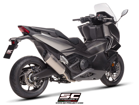 Honda Forza 750 with SC-Project SC1-R titanium exhaust, 3/4 rear view