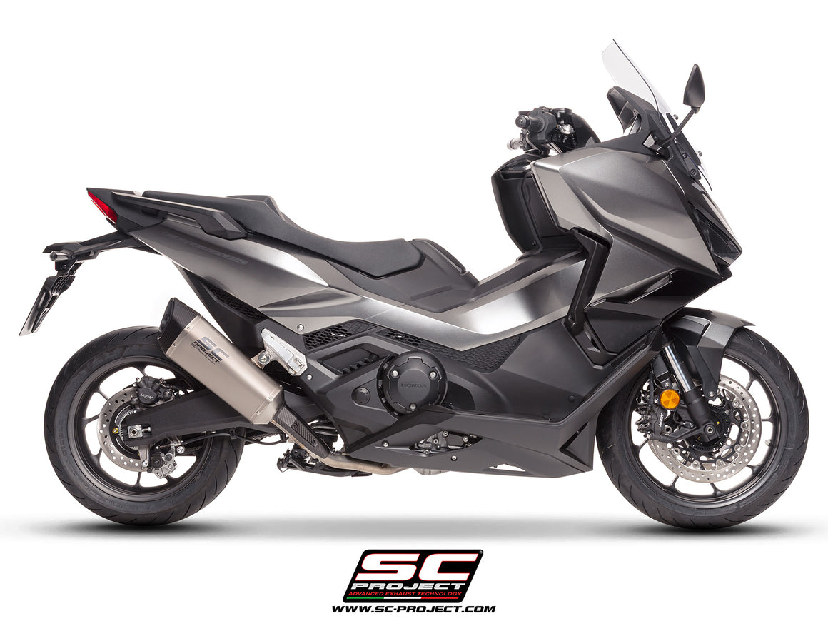 Honda Forza 750 with SC-Project SC1-R titanium exhaust, 3/4 rear view