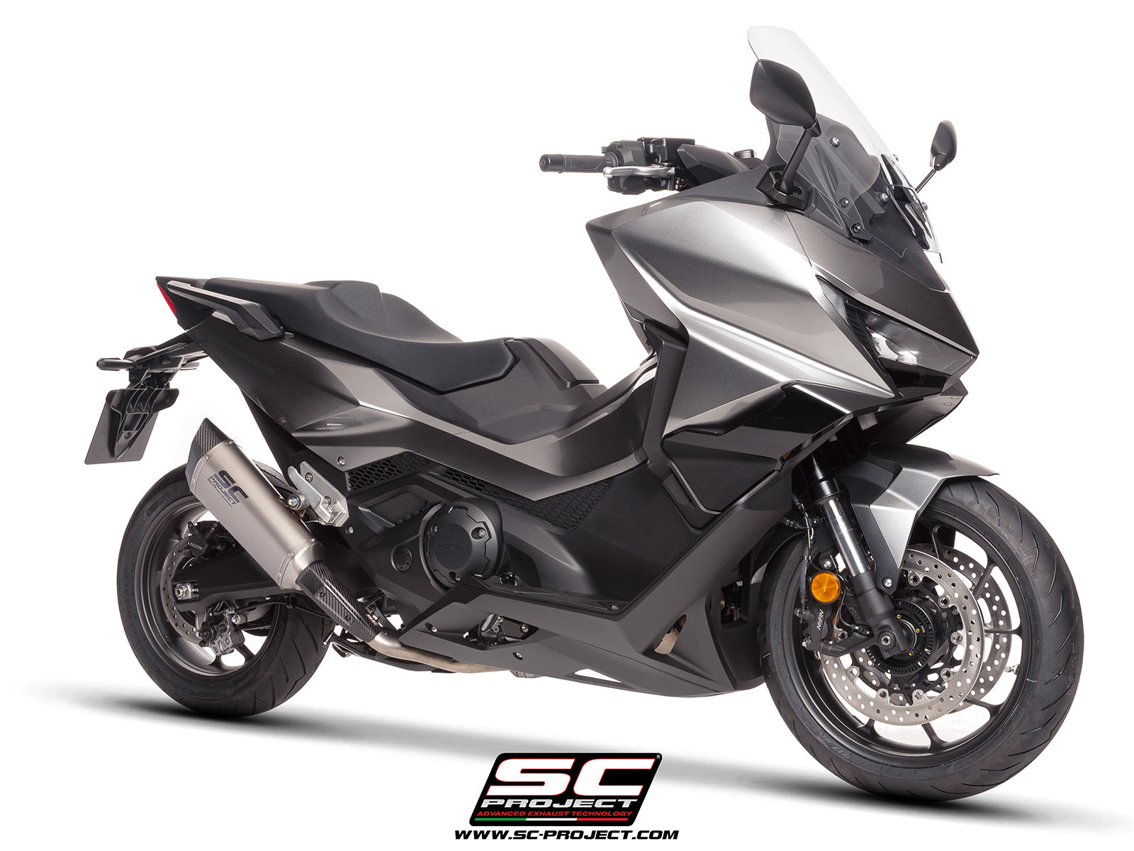 Honda Forza 750 with SC-Project SC1-R titanium exhaust, 3/4 rear view