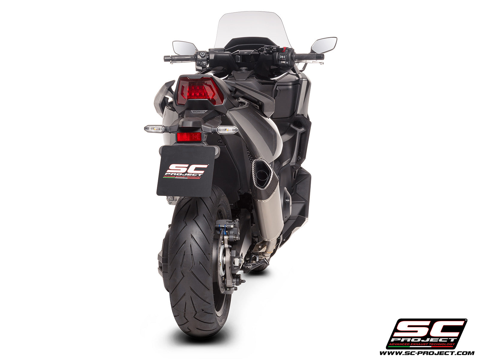 Honda Forza 750 with SC-Project SC1-R titanium exhaust, 3/4 rear view