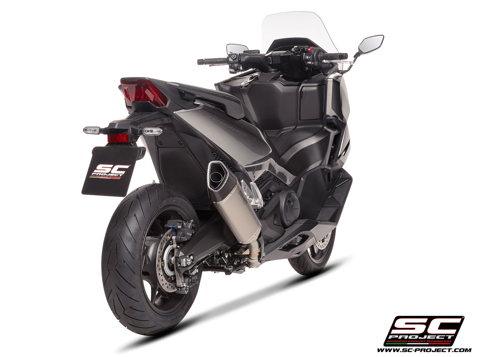 Honda Forza 750 with SC-Project SC1-R titanium exhaust, 3/4 rear view