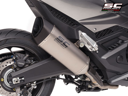 Honda Forza 750 with SC-Project SC1-R titanium exhaust, 3/4 rear view