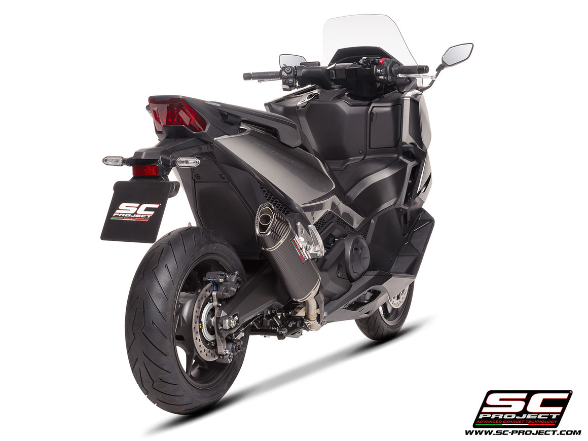 Honda Forza 750 with SC-Project SC1-X carbon exhaust, 3/4 rear view