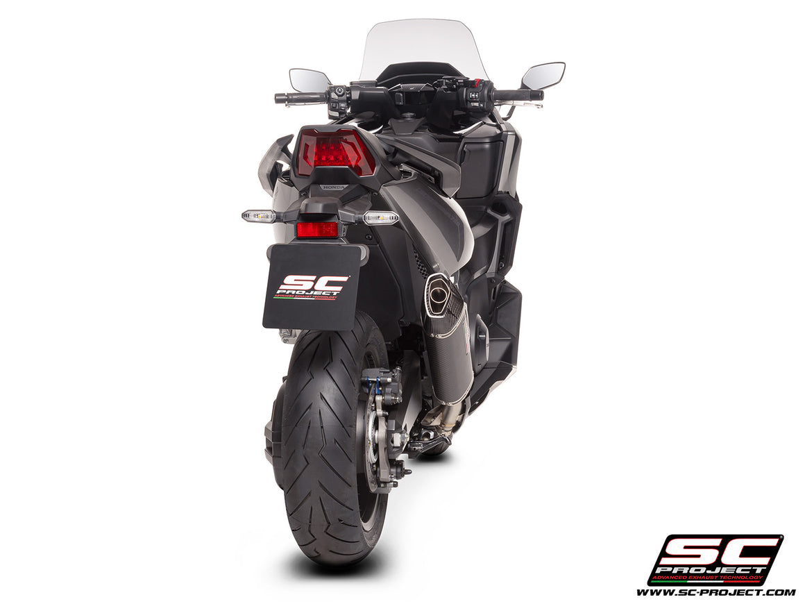 Honda Forza 750 with SC-Project SC1-X carbon exhaust, 3/4 rear view