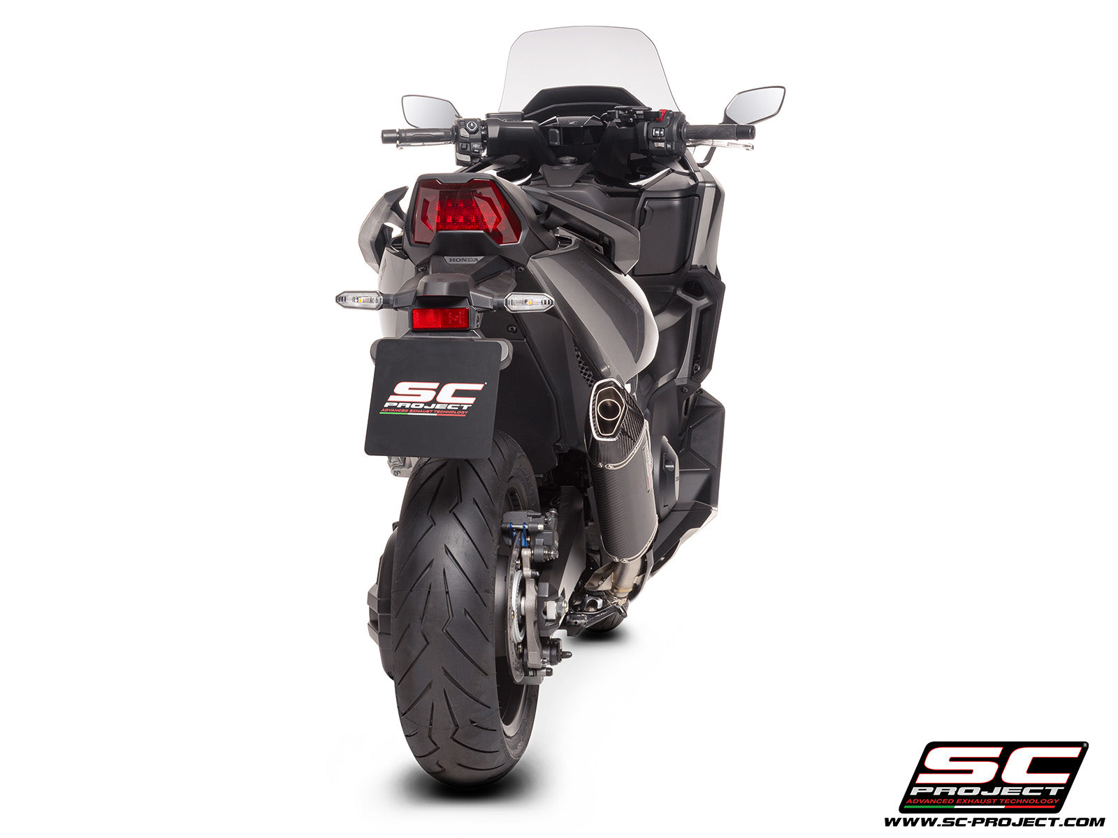 Honda Forza 750 with SC-Project SC1-X carbon exhaust, 3/4 rear view