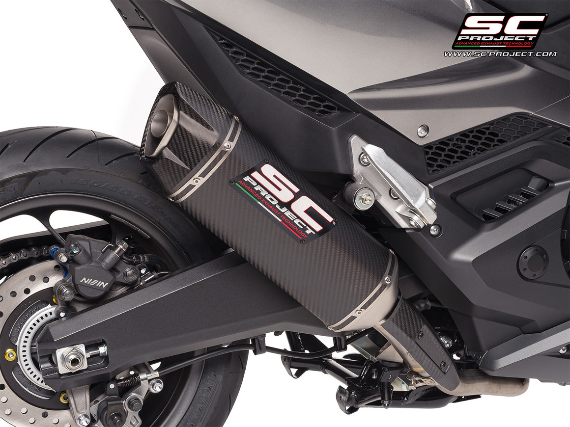 Honda Forza 750 with SC-Project SC1-X carbon exhaust, 3/4 rear view