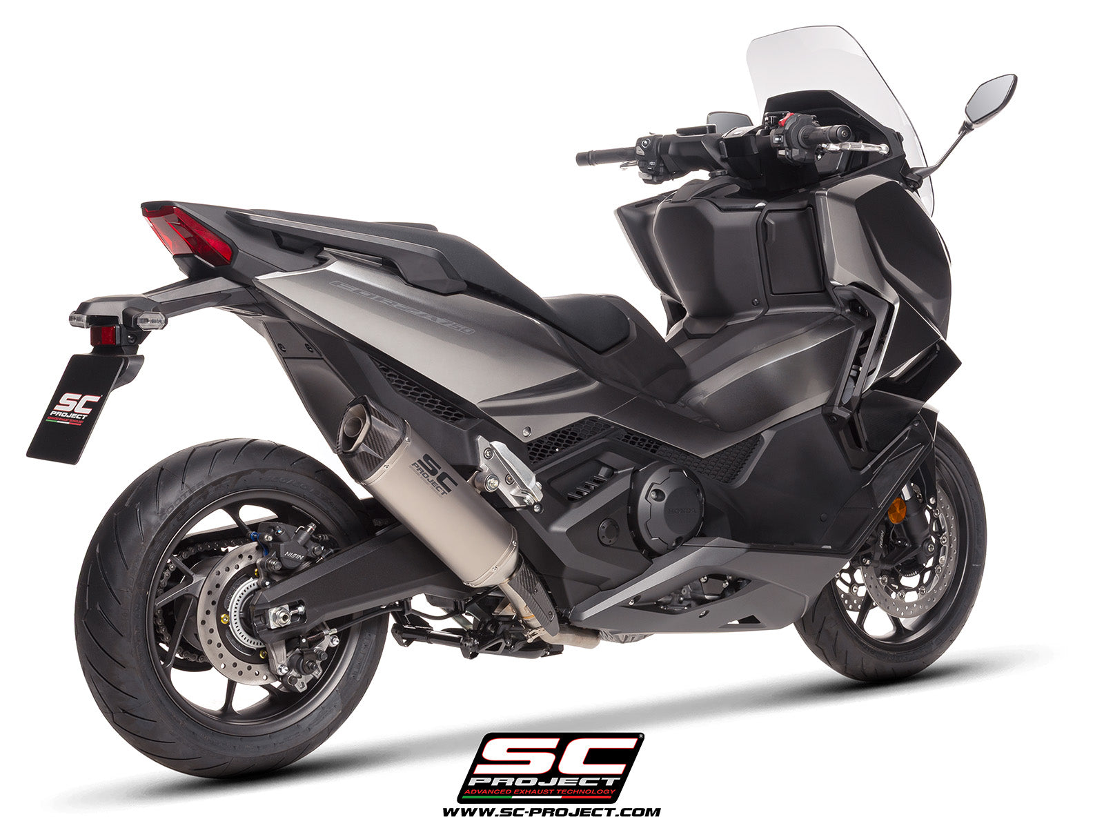 Honda Forza 750 with SC-Project SC1-X titanium exhaust, 3/4 rear view