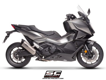 Honda Forza 750 with SC-Project SC1-X titanium exhaust, 3/4 rear view