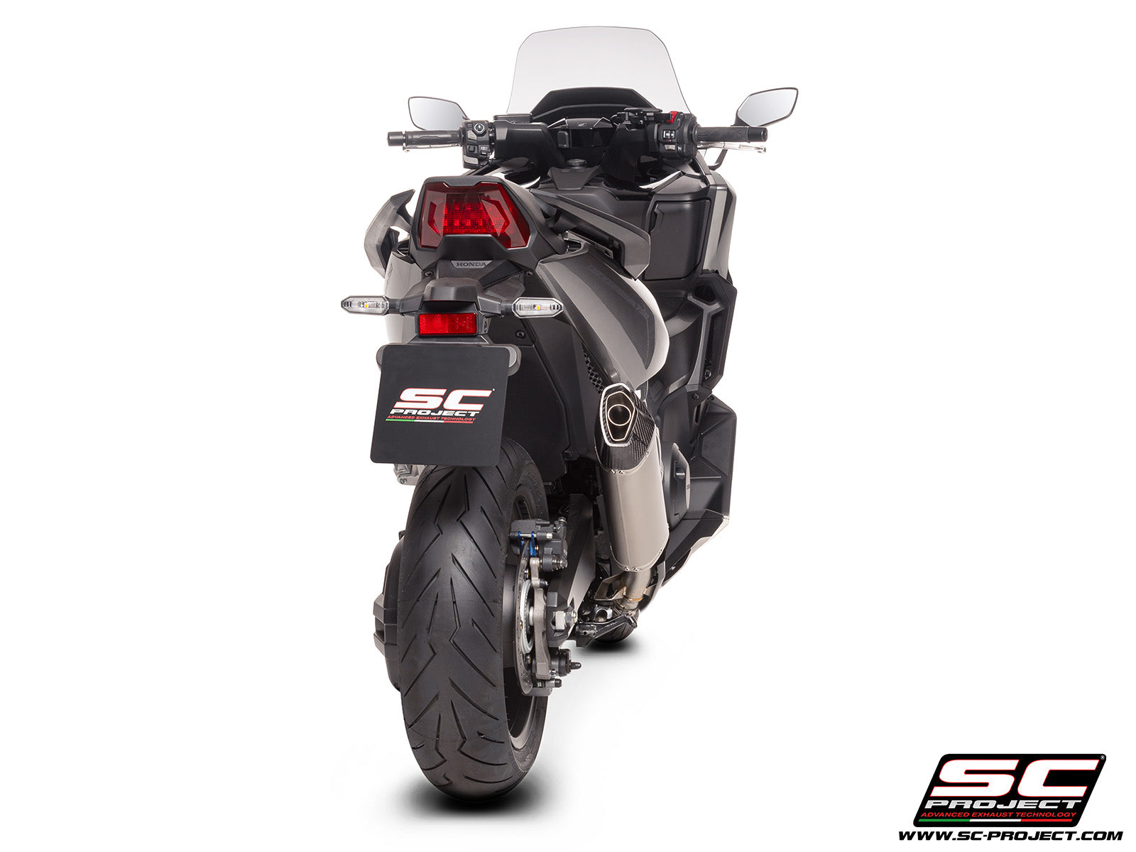 Honda Forza 750 with SC-Project SC1-X titanium exhaust, 3/4 rear view
