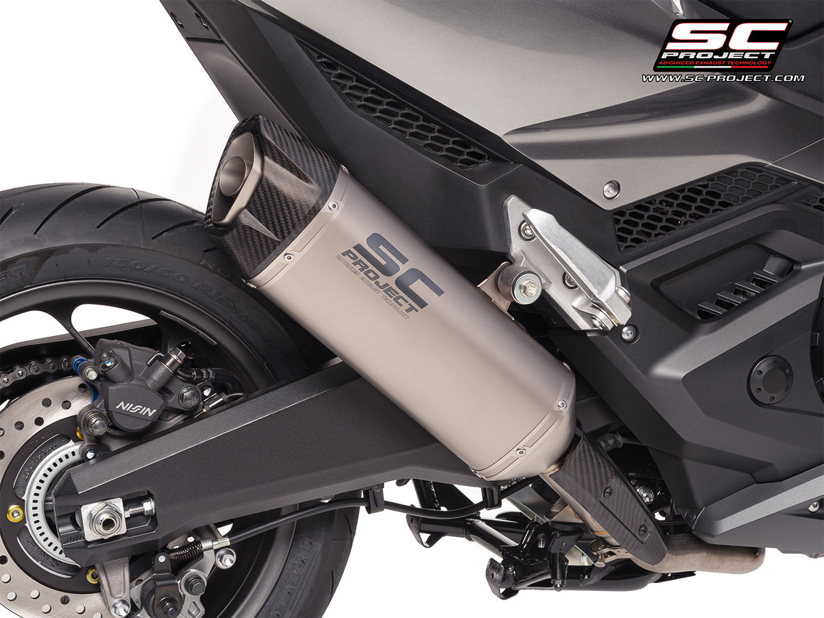 Honda Forza 750 with SC-Project SC1-X titanium exhaust, 3/4 rear view