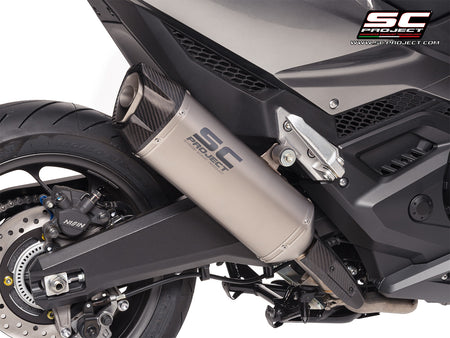 Honda Forza 750 with SC-Project SC1-X titanium exhaust, 3/4 rear view